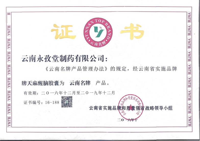 云南名牌证书